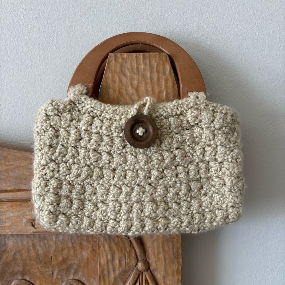 Hand knit Cream Crochet Bag with Wooden Handle boho style